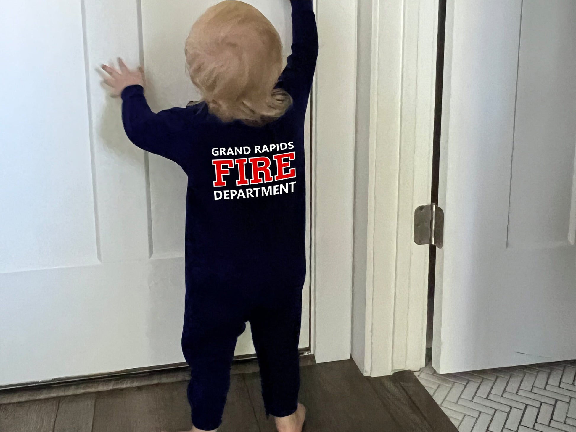 Firefighter Baby Fleece One Piece Bodysuit with Maltese Cross and Personalized Name - Optional Fire Department on Back