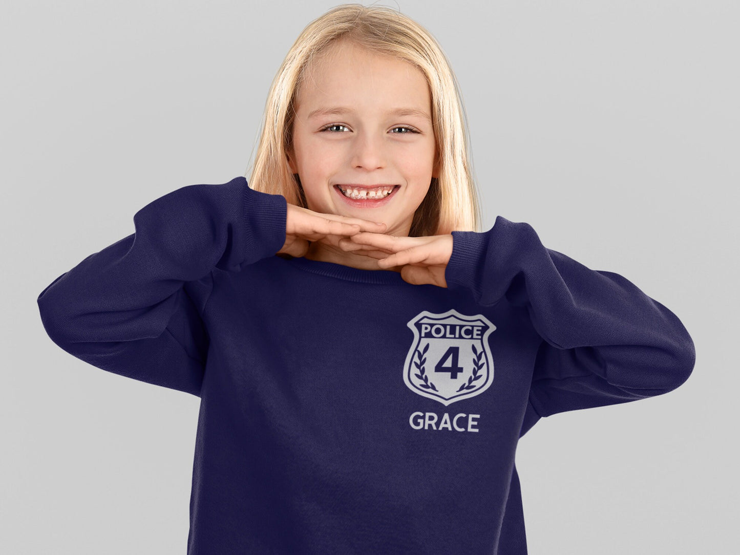 Birthday Police Toddler Crew Neck Sweatshirt with Badge and Personalized Name - Optional Police Department on Back