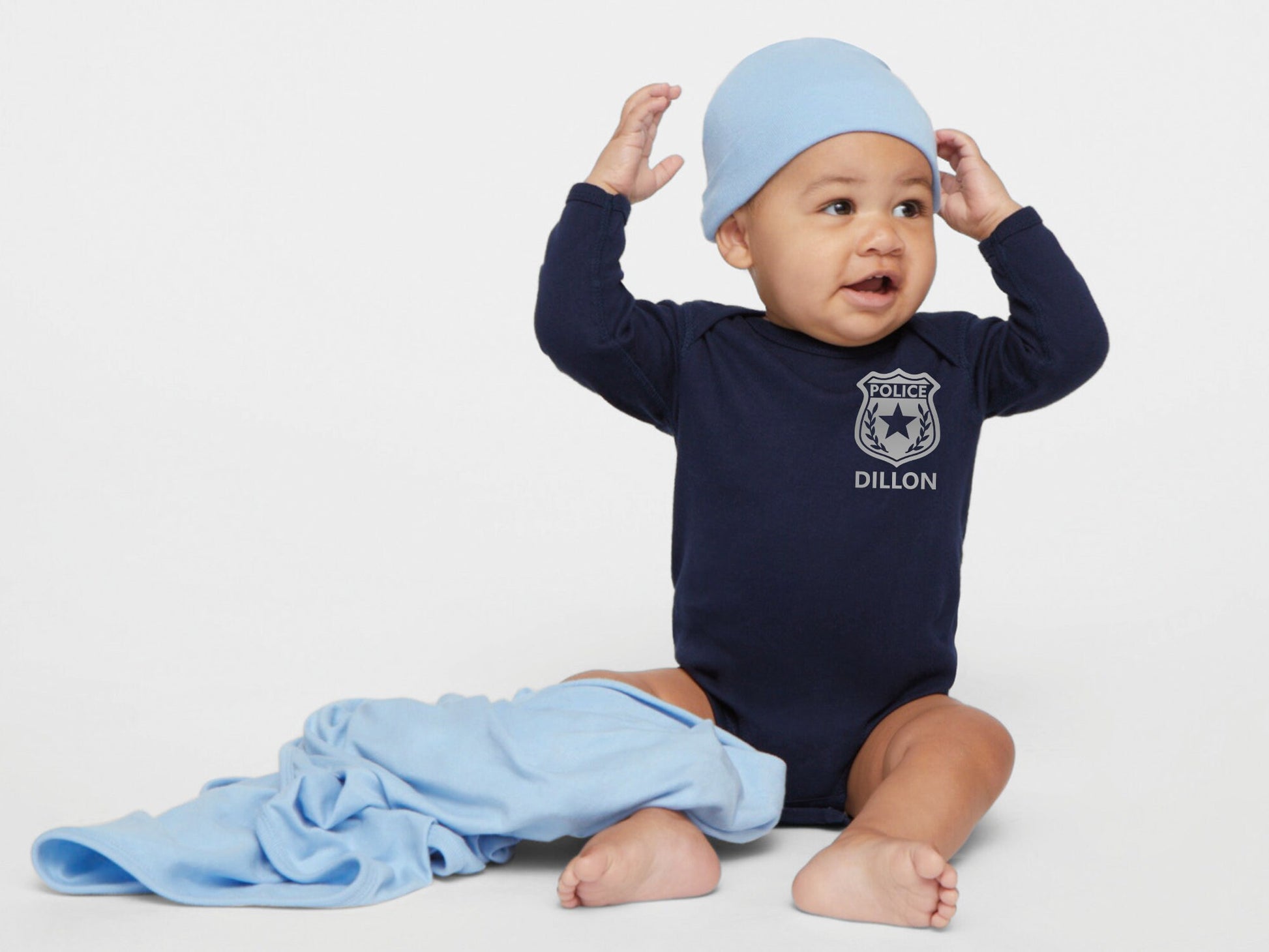 Police Navy Infant Long Sleeve Bodysuit with Badge and Personalized Name - Optional Police Department on Back