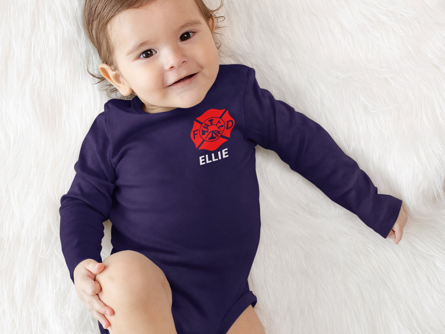 Firefighter Navy Infant Long Sleeve Bodysuit with Maltese Cross and Personalized Name - Optional Fire Department on Back