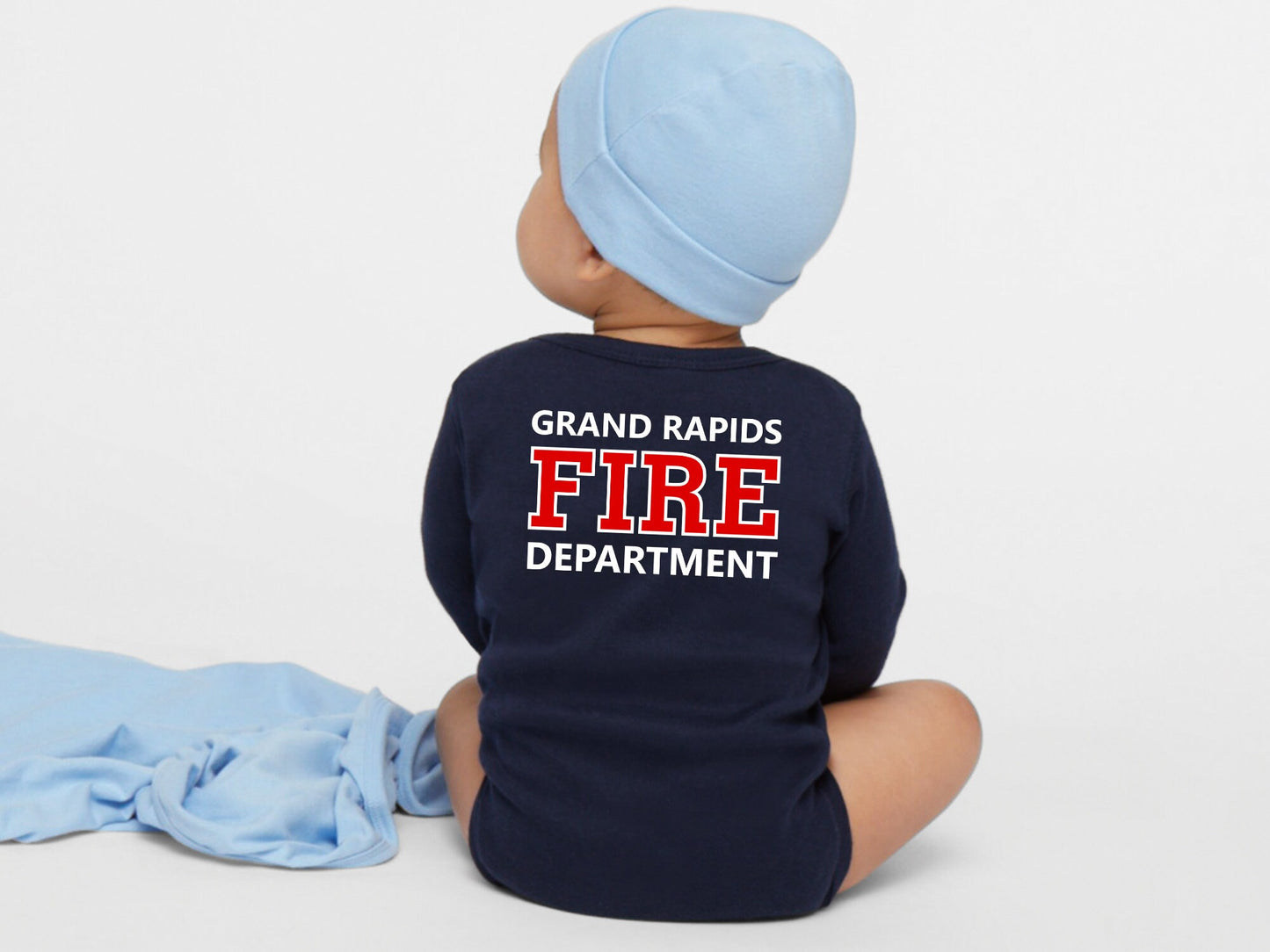 Firefighter Navy Infant Long Sleeve Bodysuit with Maltese Cross and Personalized Name - Optional Fire Department on Back