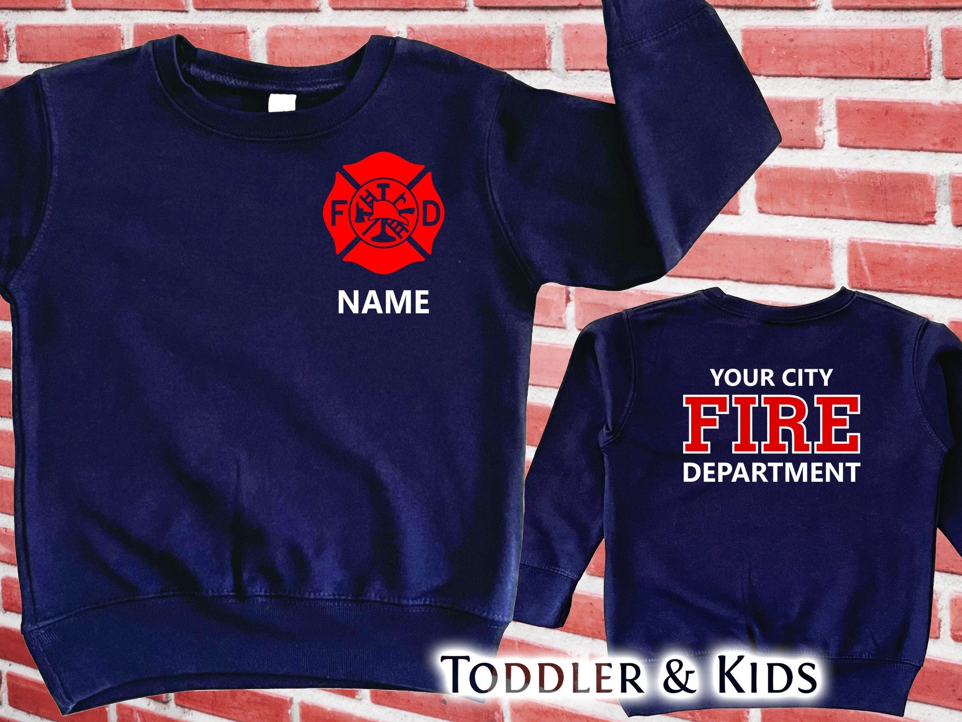 Firefighter Toddler Crew Neck Sweatshirt with Maltese Cross and Personalized Name - Optional Fire Department on Back