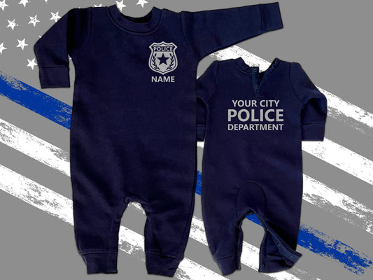 Police Infant Fleece One Piece Bodysuit with Badge and Personalized Name - Optional Police Department on Back