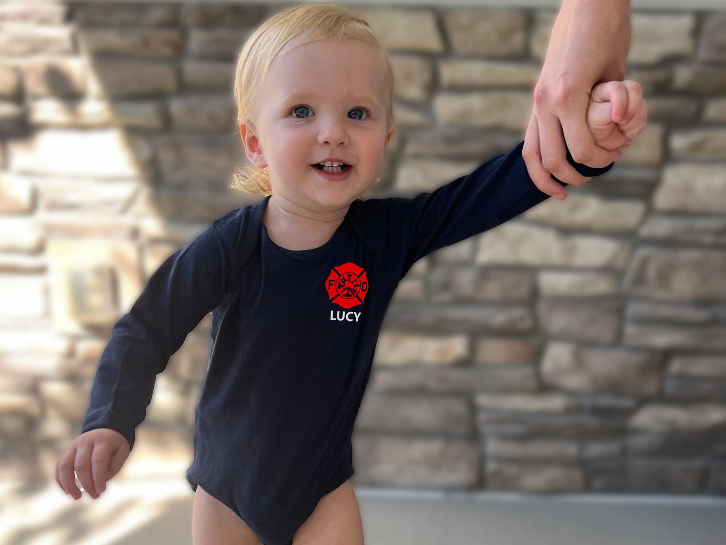 Firefighter Navy Infant Long Sleeve Bodysuit with Maltese Cross and Personalized Name - Optional Fire Department on Back