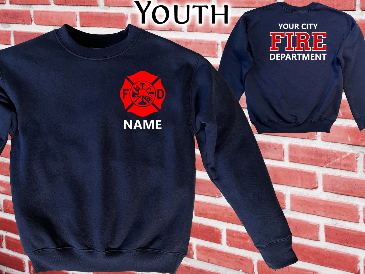 Firefighter Youth Crew Neck Sweatshirt with Maltese Cross and Personalized Name - Optional Fire Department on Back