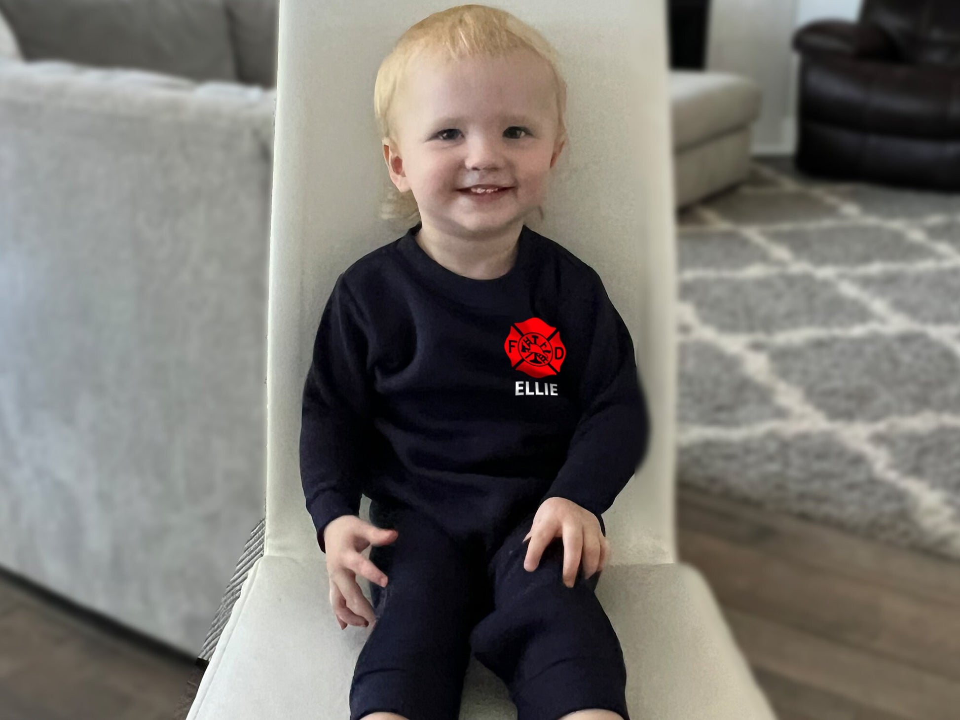 Firefighter Baby Fleece One Piece Bodysuit with Maltese Cross and Personalized Name - Optional Fire Department on Back