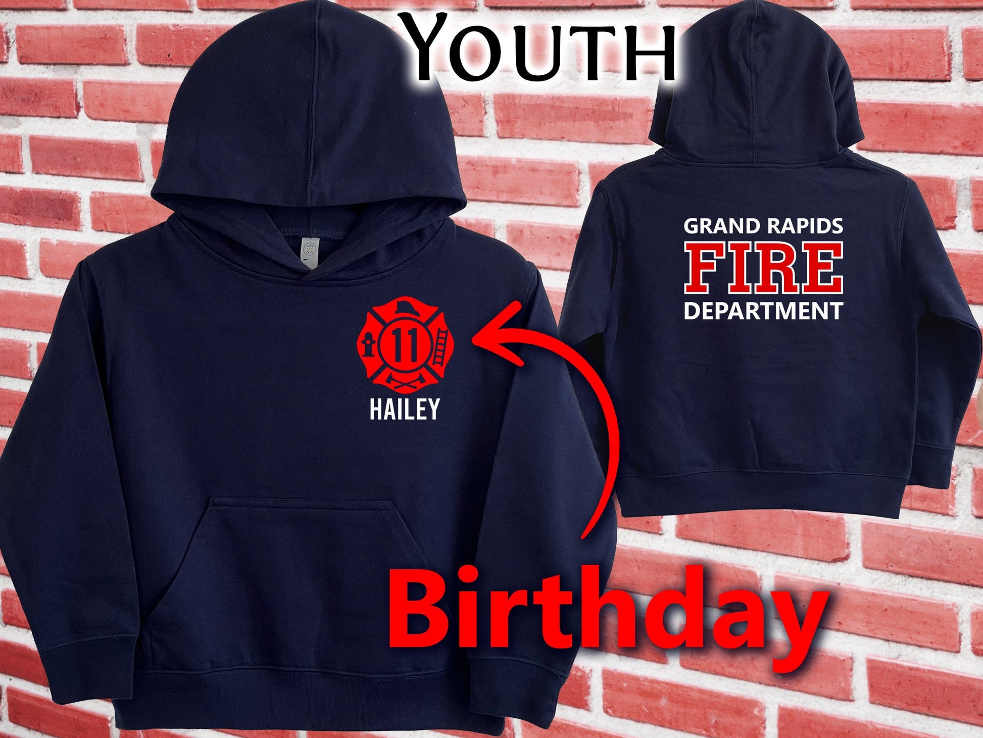 Birthday Firefighter Youth Sized Hoodie in Navy with Maltese Cross and Personalized Name - Optional Fire Department on Back