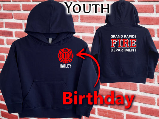 Birthday Firefighter Youth Sized Hoodie in Navy with Maltese Cross and Personalized Name - Optional Fire Department on Back