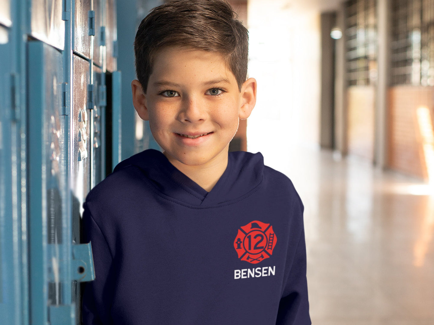 Birthday Firefighter Youth Sized Hoodie in Navy with Maltese Cross and Personalized Name - Optional Fire Department on Back