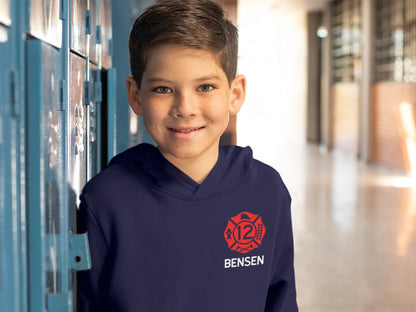 Birthday Firefighter Youth Hoodie with Maltese Cross, Age, and Name - Optional Fire Department on Back