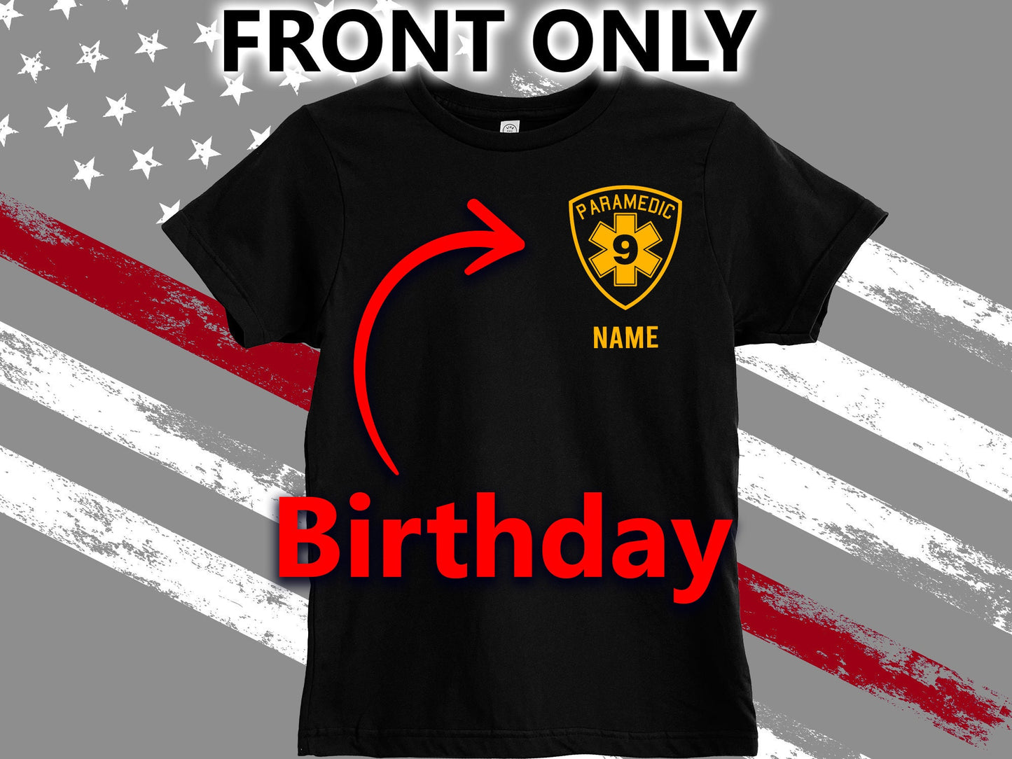 Black Paramedic Youth Birthday T-Shirt with Badge and Personalized Name - Includes Child's Age - Optional Department or City on Back