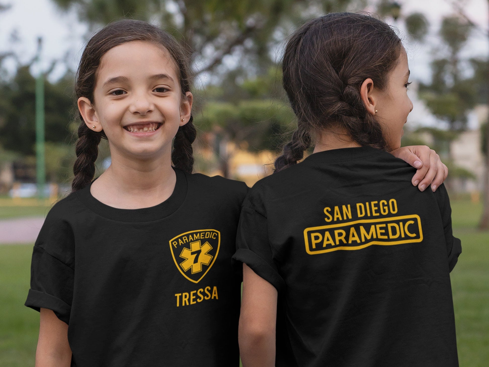 Black Paramedic Youth Birthday T-Shirt with Badge and Personalized Name - Includes Child's Age - Optional Department or City on Back