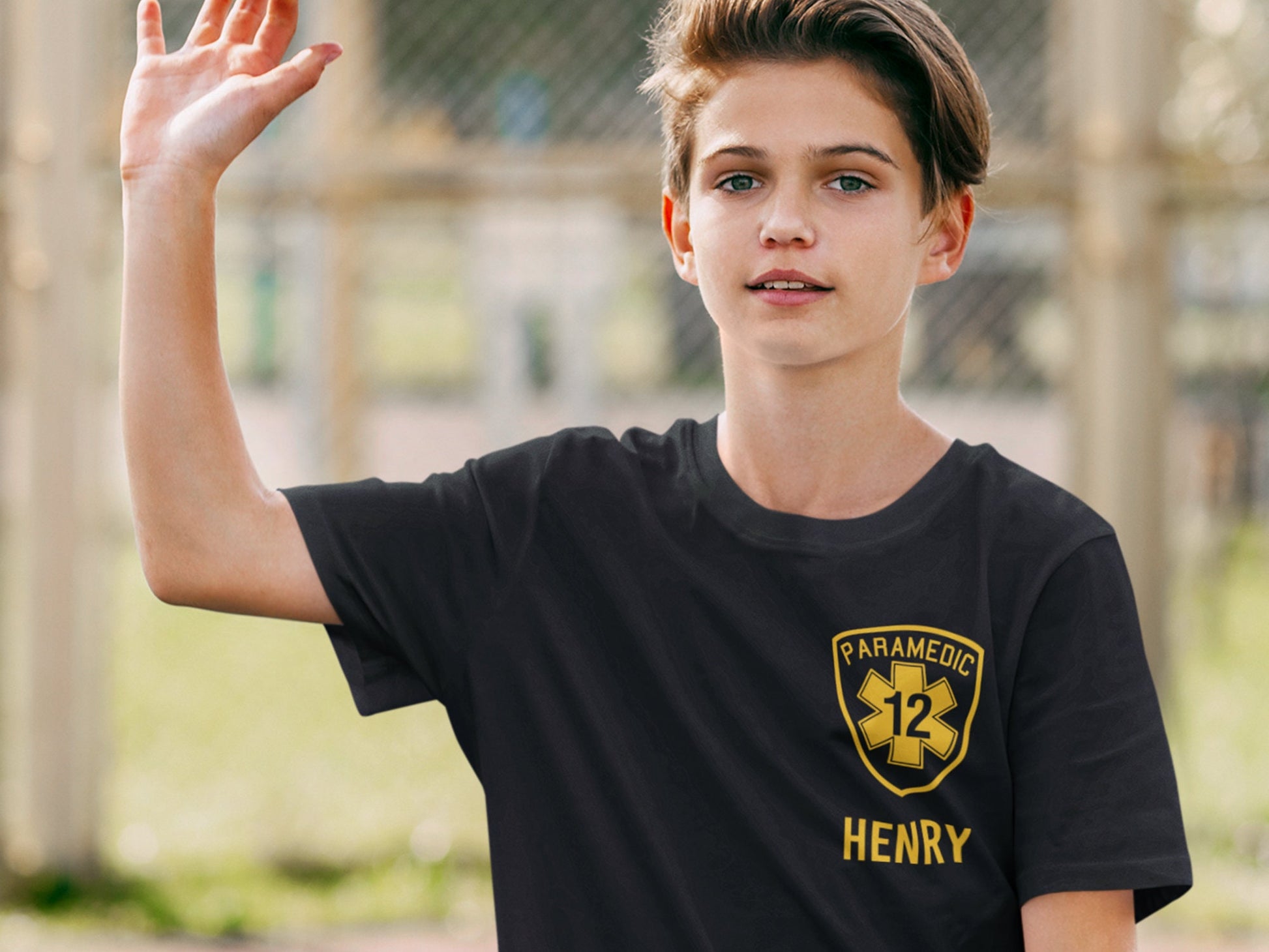 Black Paramedic Youth Birthday T-Shirt with Badge and Personalized Name - Includes Child's Age - Optional Department or City on Back