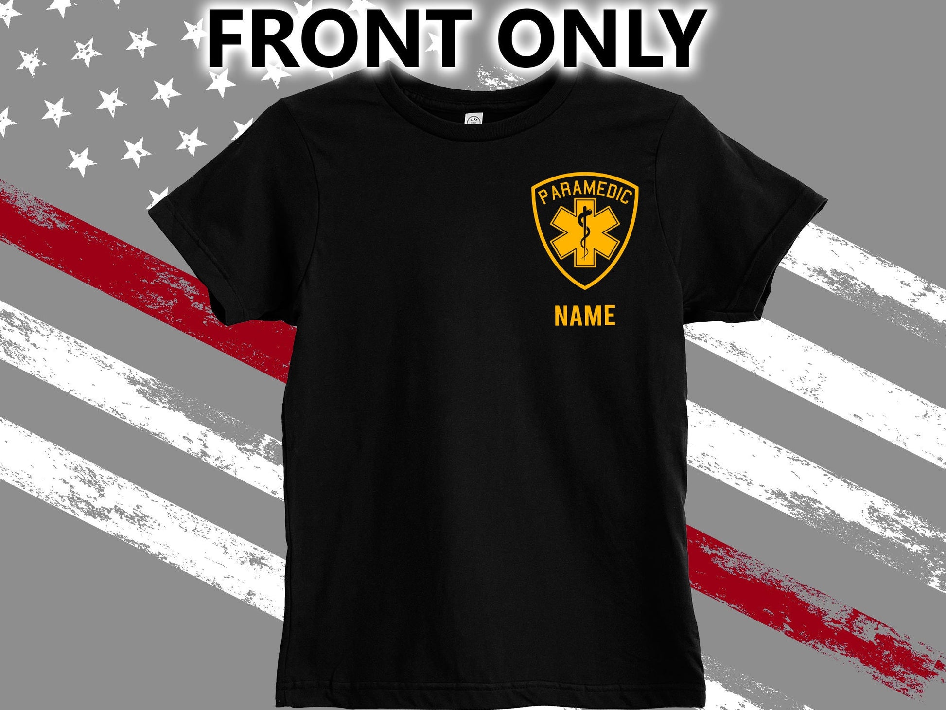 Black Paramedic Youth T-Shirt with Badge and Personalized Name - Star of LIfe - Optional Department or City on Back