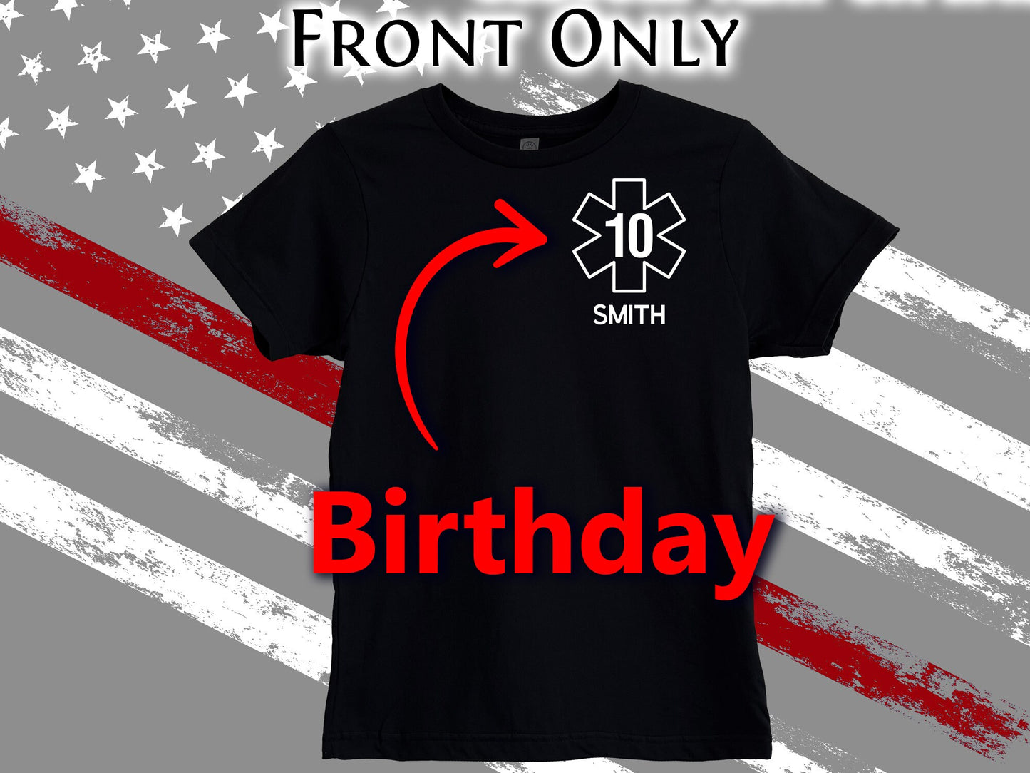 Black Birthday EMT or EMS Youth T-Shirt with Star of Life and Personalized Name - Shirt Optional Name, Department or City on Back