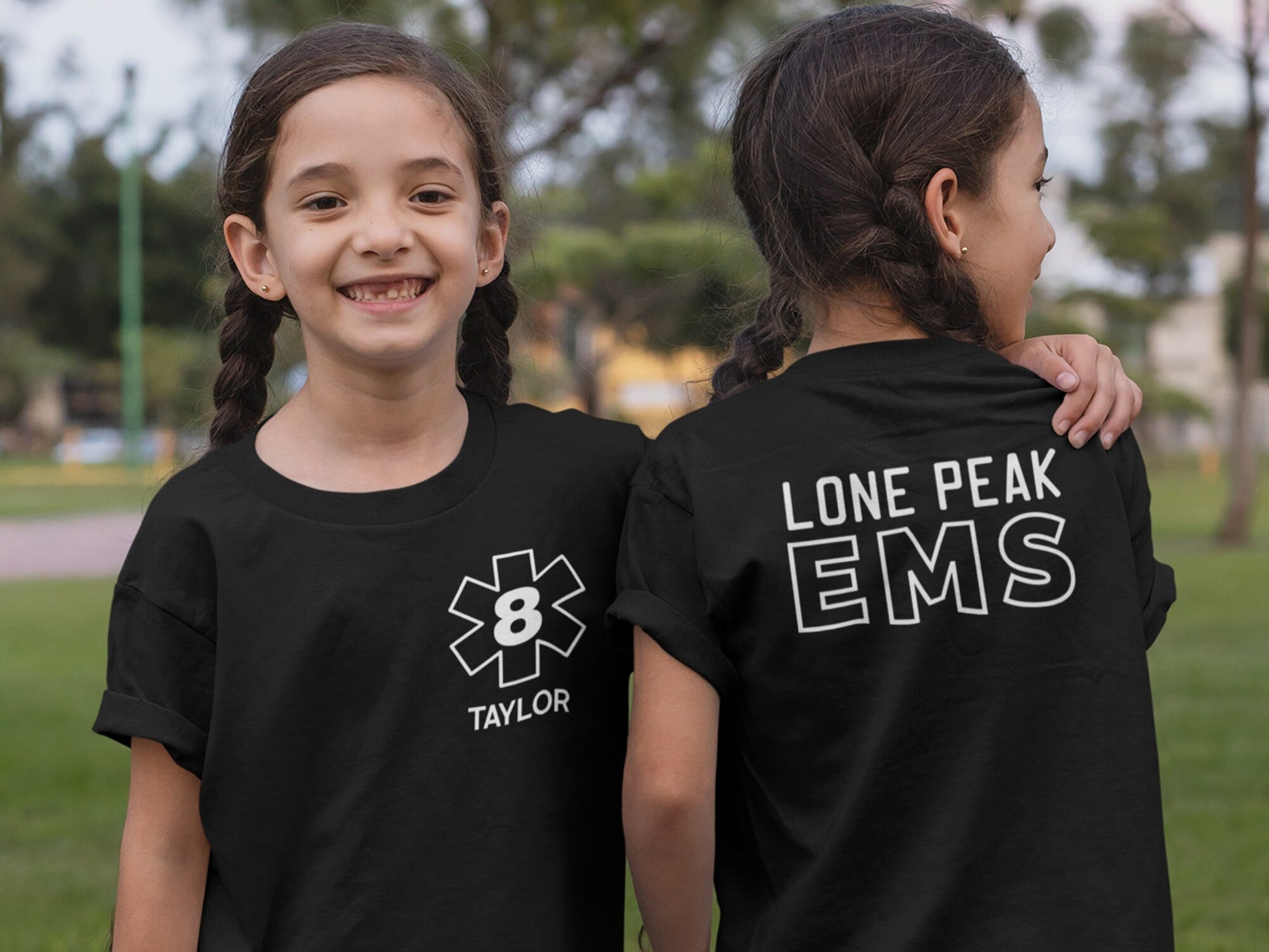 Black Birthday EMT or EMS Youth T-Shirt with Star of Life and Personalized Name - Shirt Optional Name, Department or City on Back