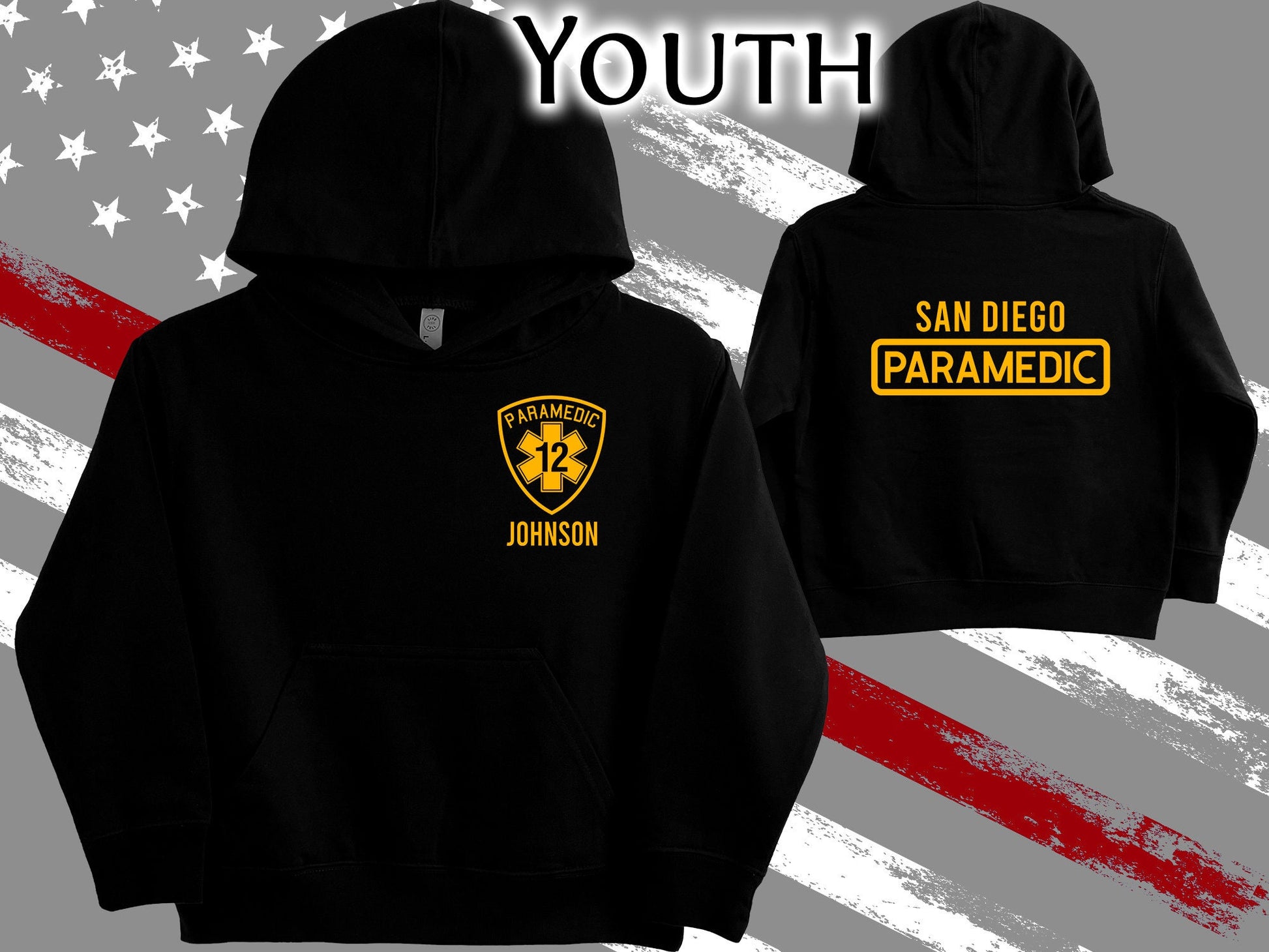 Paramedic Youth Sized Hoodie in Black with Star of Life and Personalized Name - Optional City or Department on Back