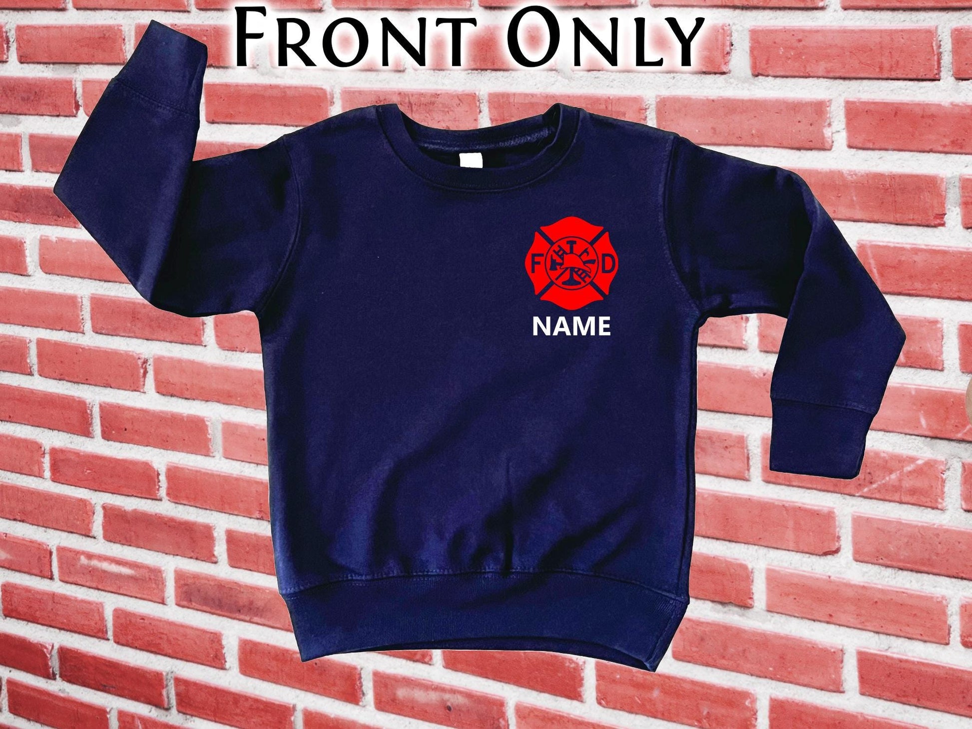 Firefighter Toddler Crew Neck Sweatshirt with Maltese Cross and Personalized Name - Optional Fire Department on Back