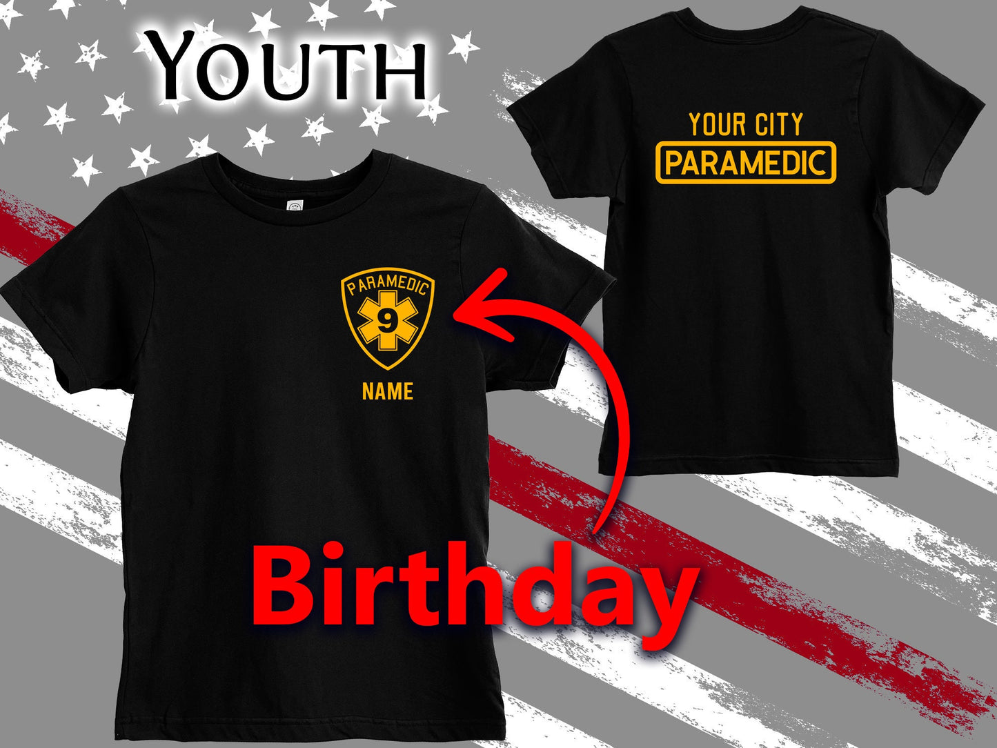 Black Paramedic Youth Birthday T-Shirt with Badge and Personalized Name - Includes Child's Age - Optional Department or City on Back