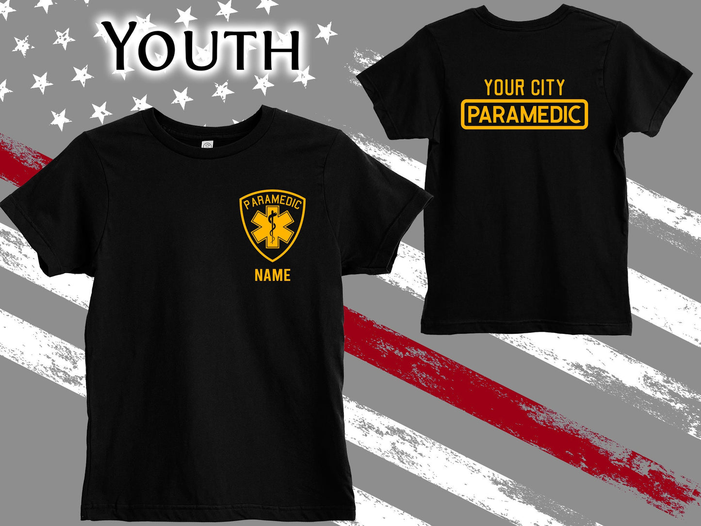 Black Paramedic Youth T-Shirt with Badge and Personalized Name - Star of LIfe - Optional Department or City on Back