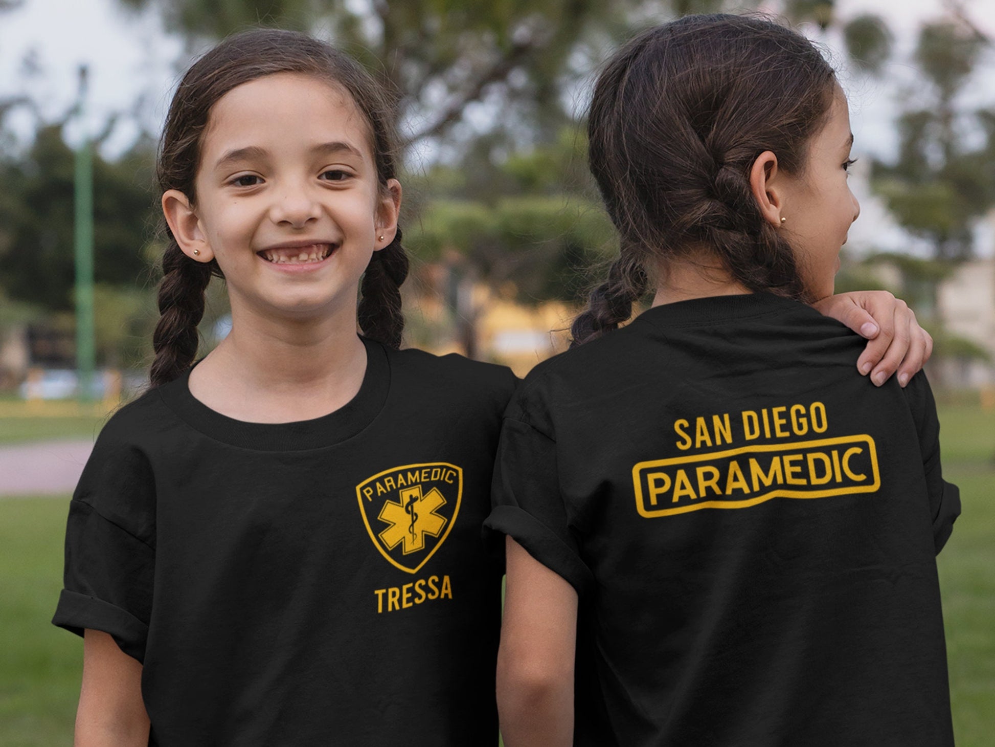 Black Paramedic Youth T-Shirt with Badge and Personalized Name - Star of LIfe - Optional Department or City on Back