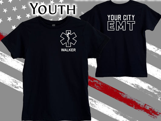 Black EMT or EMS Youth T-Shirt with Star of Life and Personalized Name - Emergency Responder Shirt Optional Name, Department or City on Back