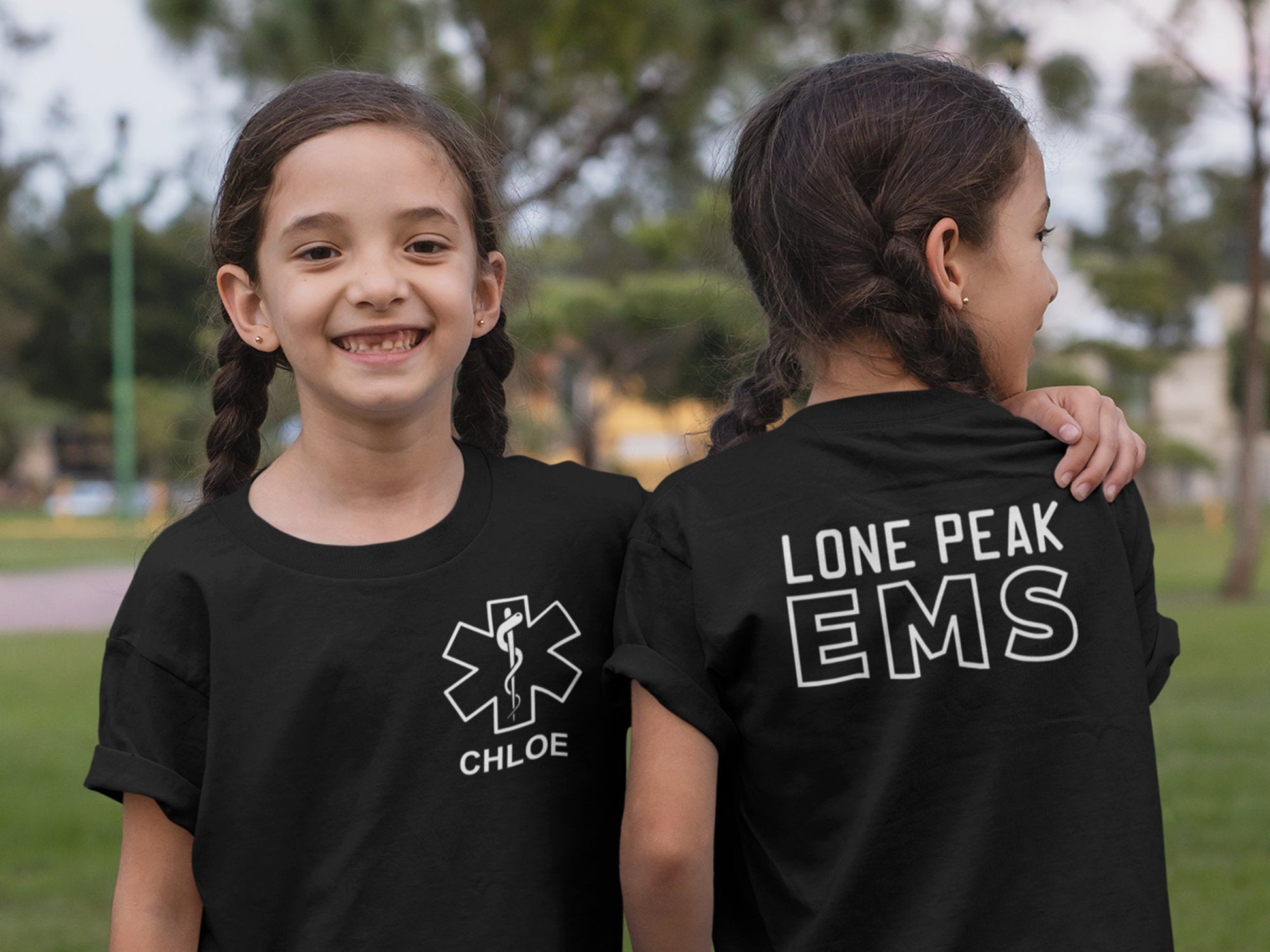 Black EMT or EMS Youth T-Shirt with Star of Life and Personalized Name - Emergency Responder Shirt Optional Name, Department or City on Back