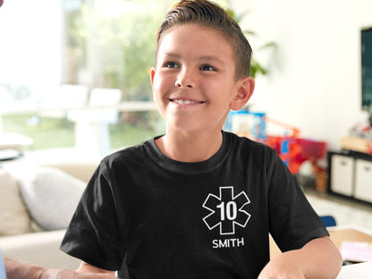 Birthday EMT or EMS Youth T-Shirt with Star of Life, Age and, Name - Optional Name, Department or City on Back