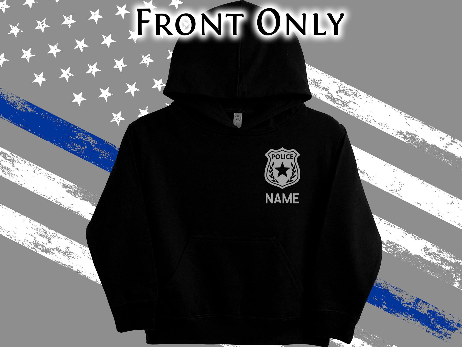 Police Youth Sized Hoodie in Black with Badge and Personalized Name - Optional Police Department on Back