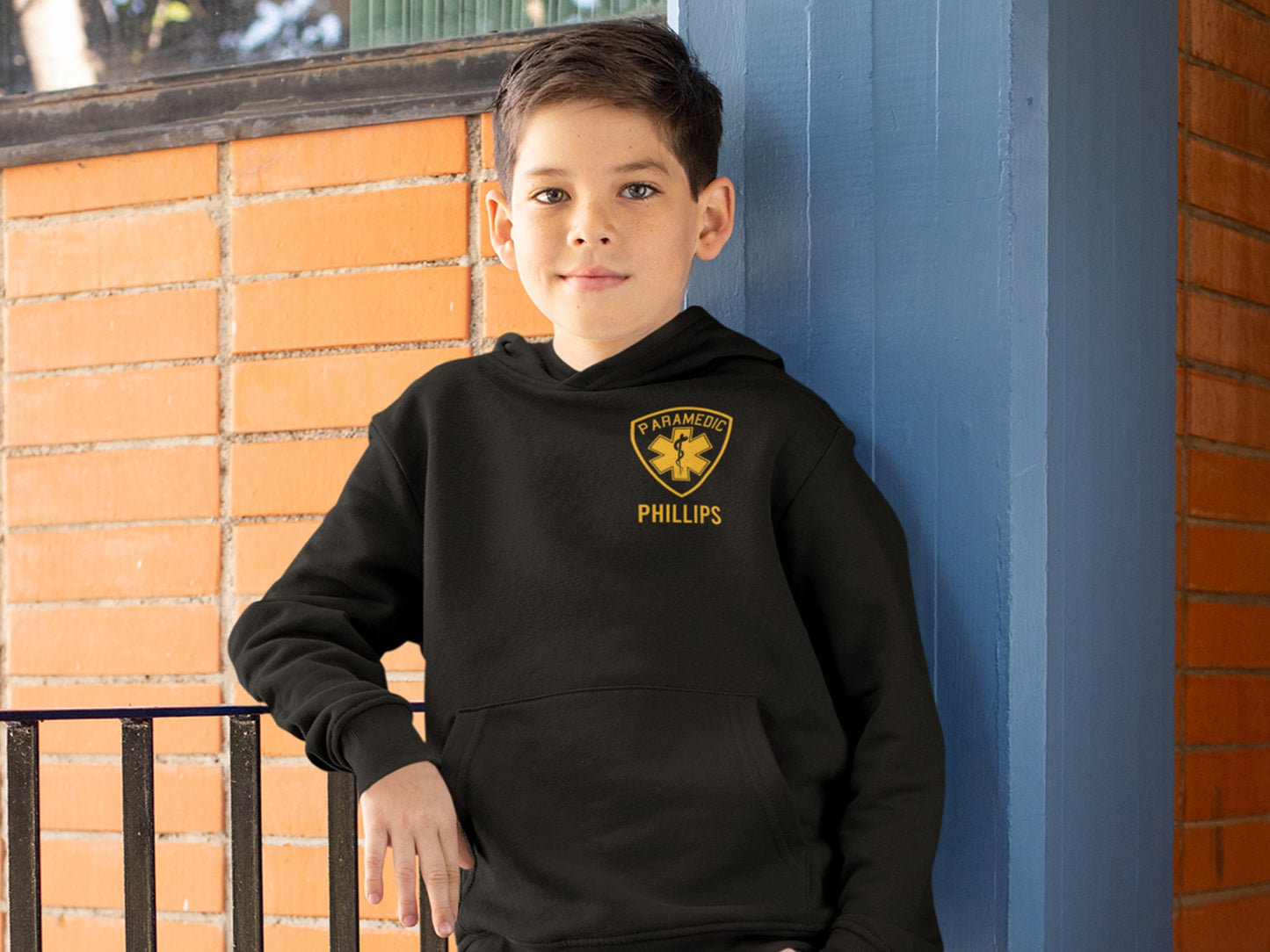 Paramedic Youth Sized Hoodie in Black with Star of Life and Personalized Name - Optional City or Department on Back