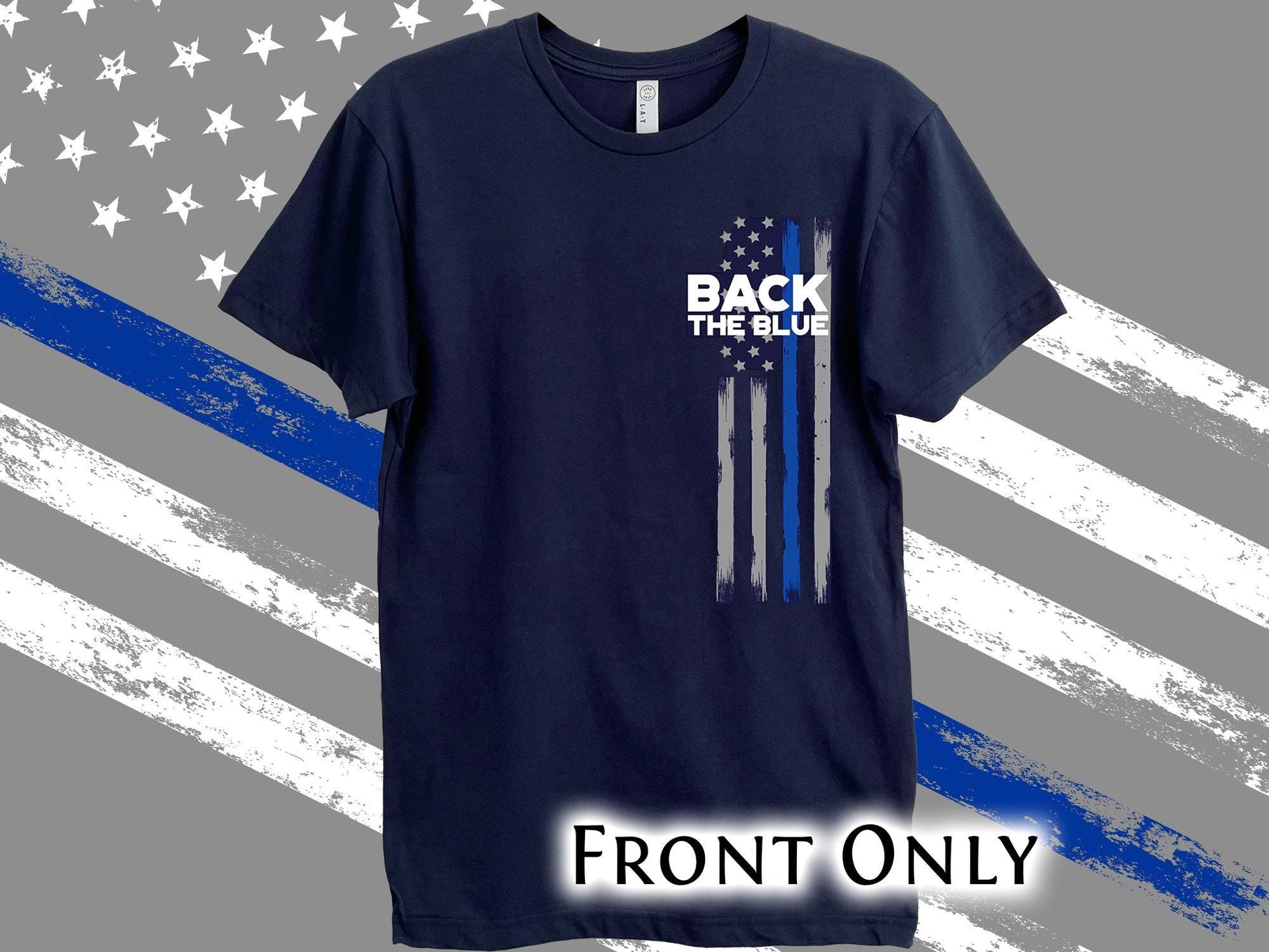 A navy blue t-shirt with a thin blue line American flag design and the text &#39;Back the Blue&#39; printed on the front.