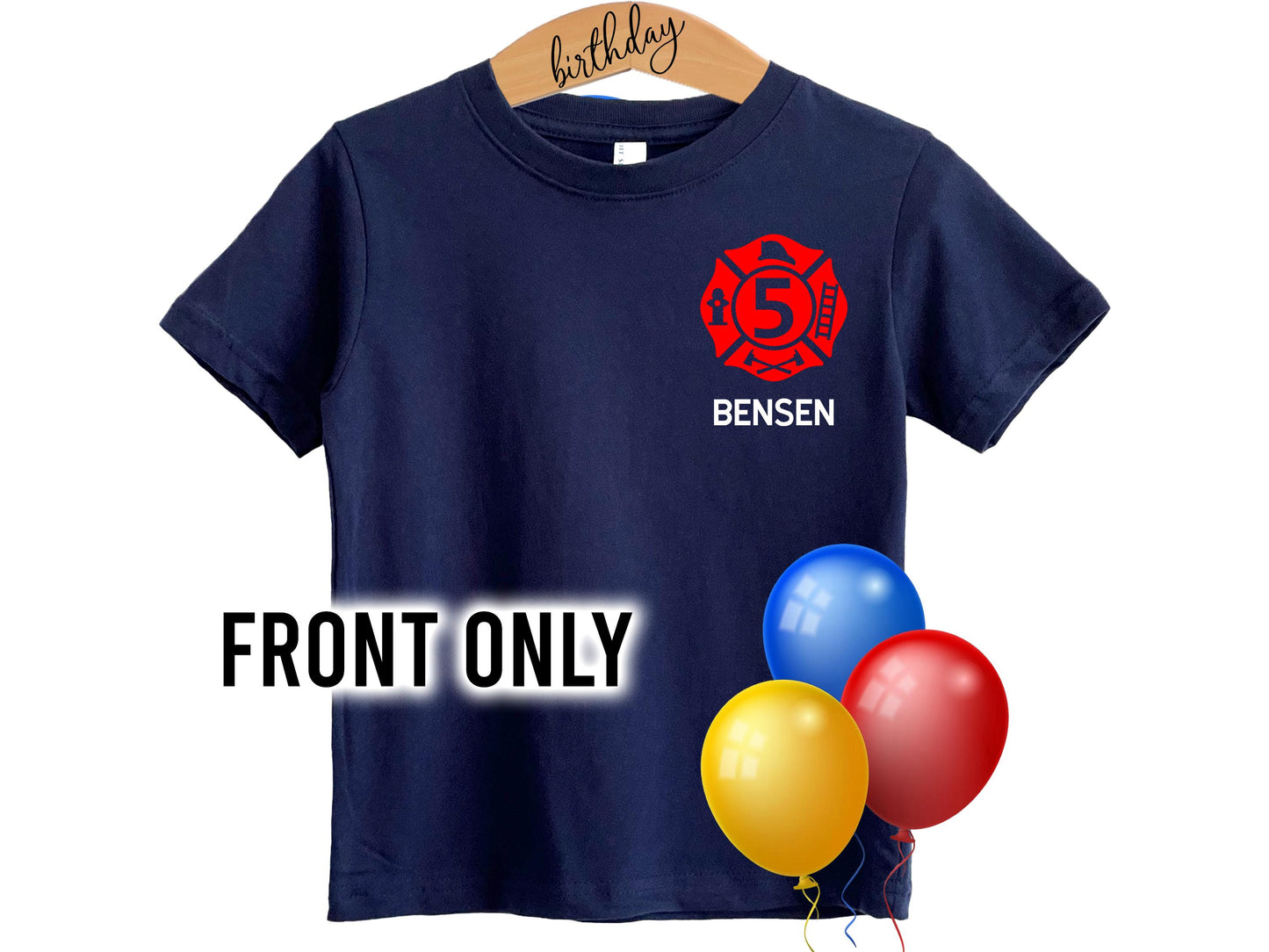 Front view of the navy blue children&#39;s t-shirt displaying a red Maltese Cross with a custom age number and the child&#39;s name beneath