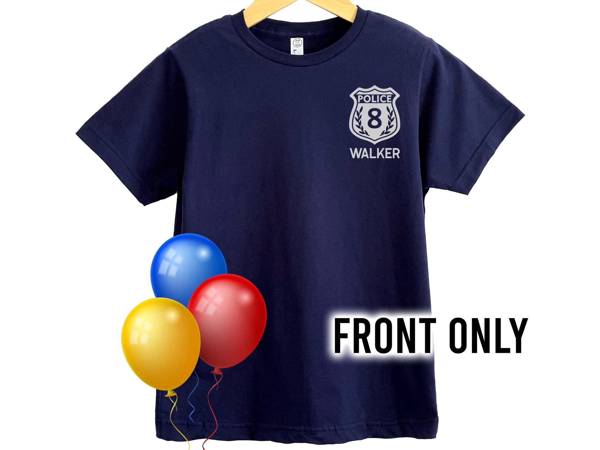 Navy blue short sleeve T-shirt with a silver police badge with the number &#39;8&#39; inside and the name &#39;WALKER&#39; below it in silver text.