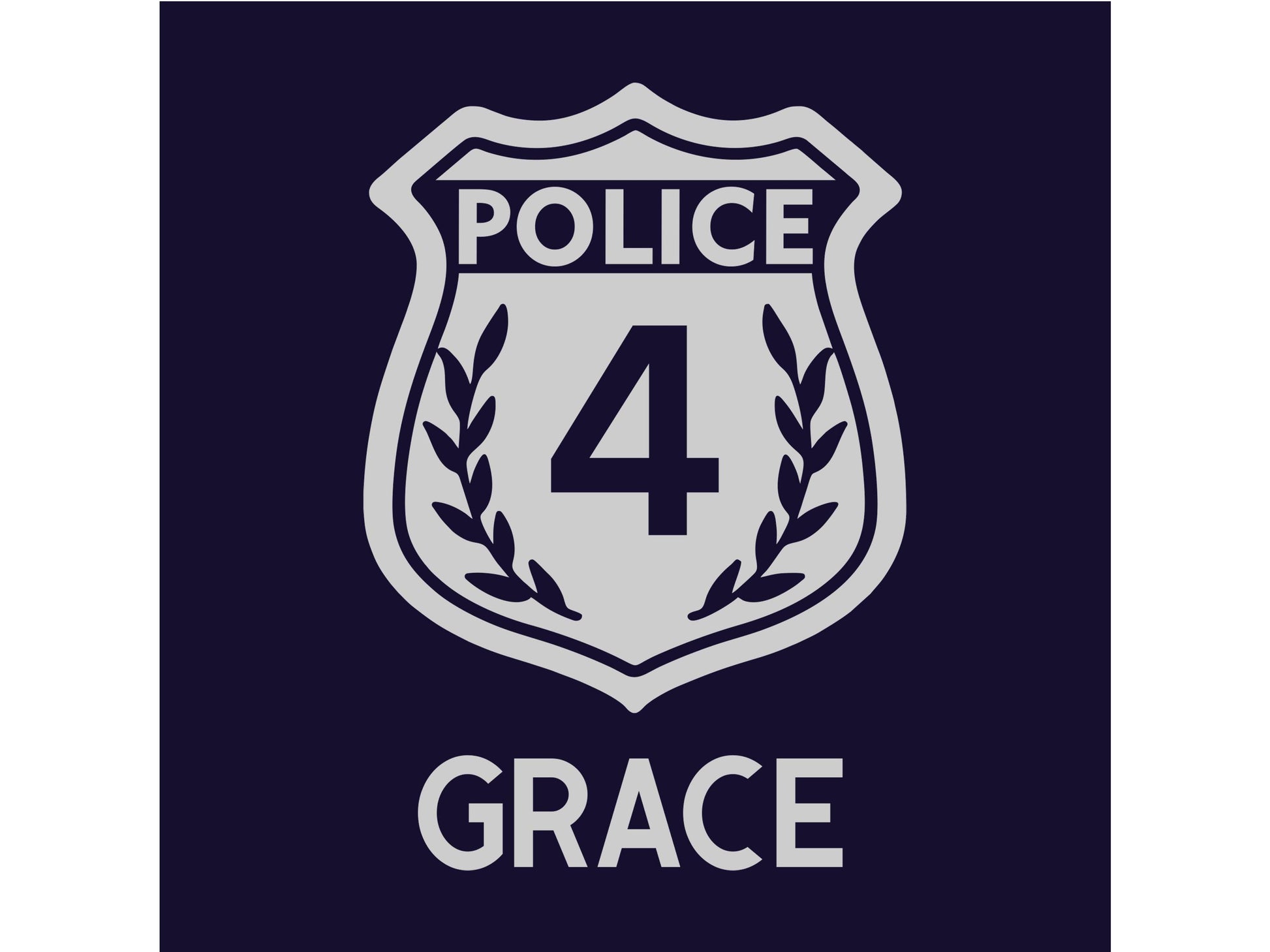 Close up detail of silver police badge containing the number &#39;4&#39; and the name &#39;Grace&#39; underneath on a navy blue background.