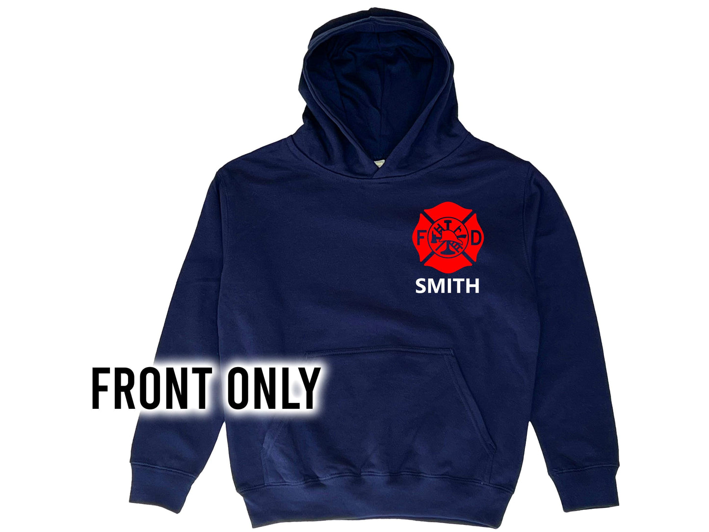 Navy blue hooded sweatshirt in youth sizes with red Maltese Cross on the front. The youth&#39;s name is under the Maltese Cross. The hoodie has a large front pocket for both hands.