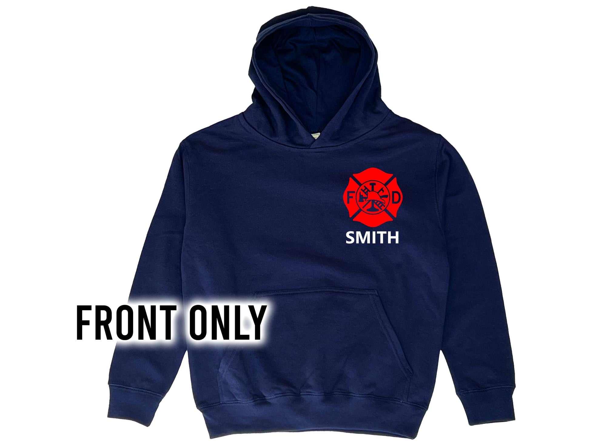 Navy blue hooded sweatshirt in youth sizes with red Maltese Cross on the front. The youth&#39;s name is under the Maltese Cross. The hoodie has a large front pocket for both hands.