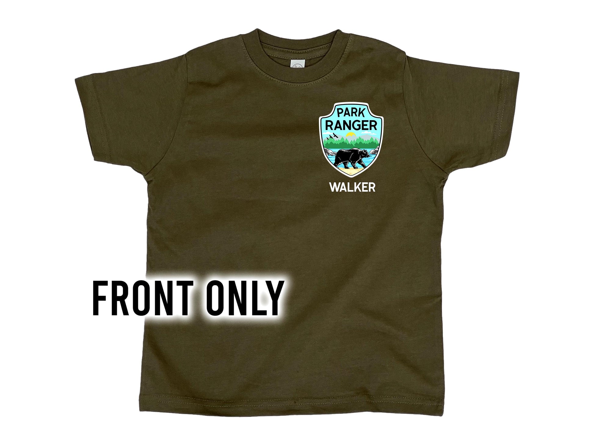 A green short-sleeved t-shirt with a blue and white park ranger logo. The logo has a bear, trees, and the text &#39;Park Ranger&#39; and &#39;Walker&#39; underneath.