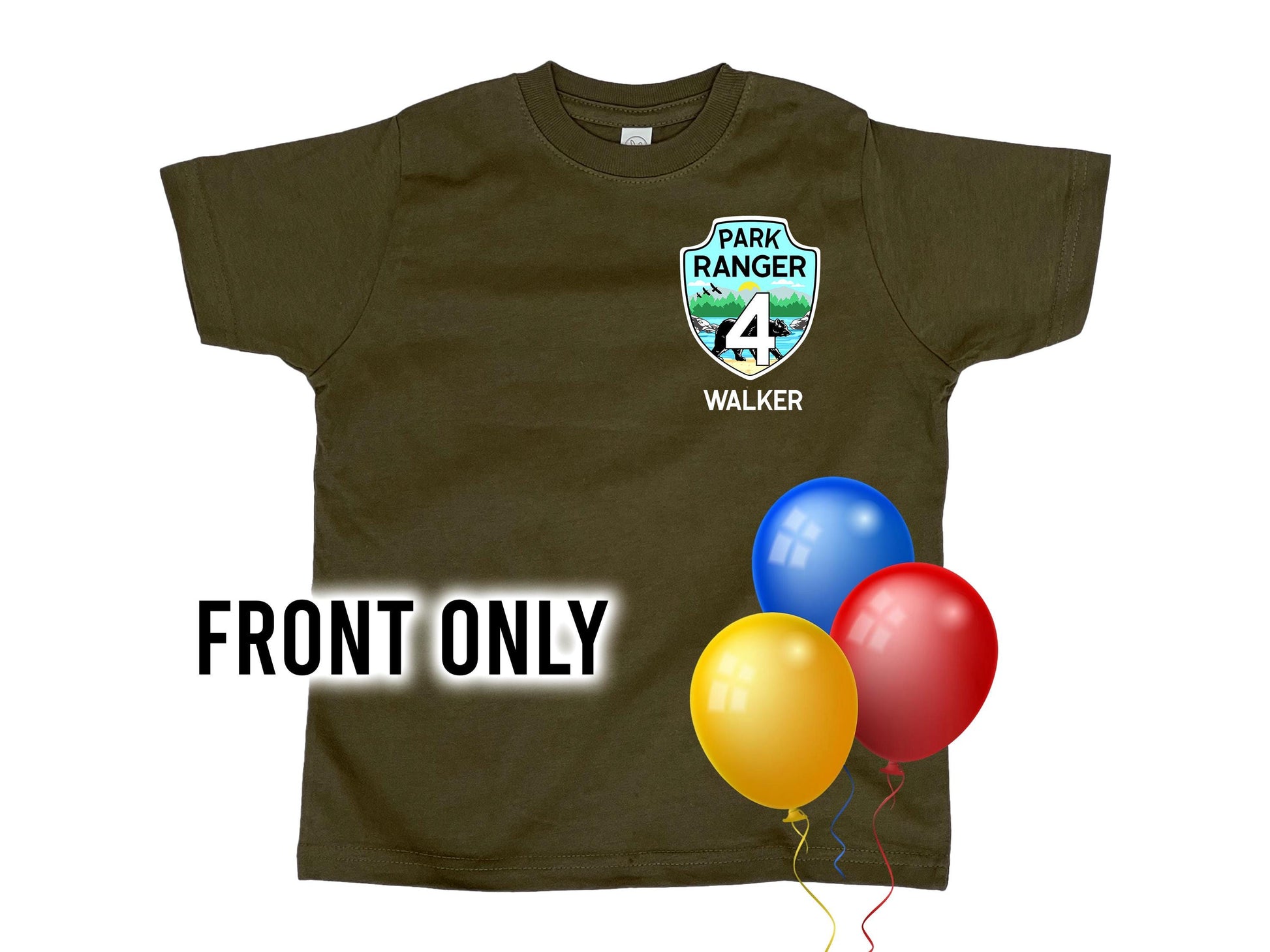 Military green kid&#39;s t-shirt with park ranger badge. Includes child&#39;s name and age. Perfect for birthday gift giving.