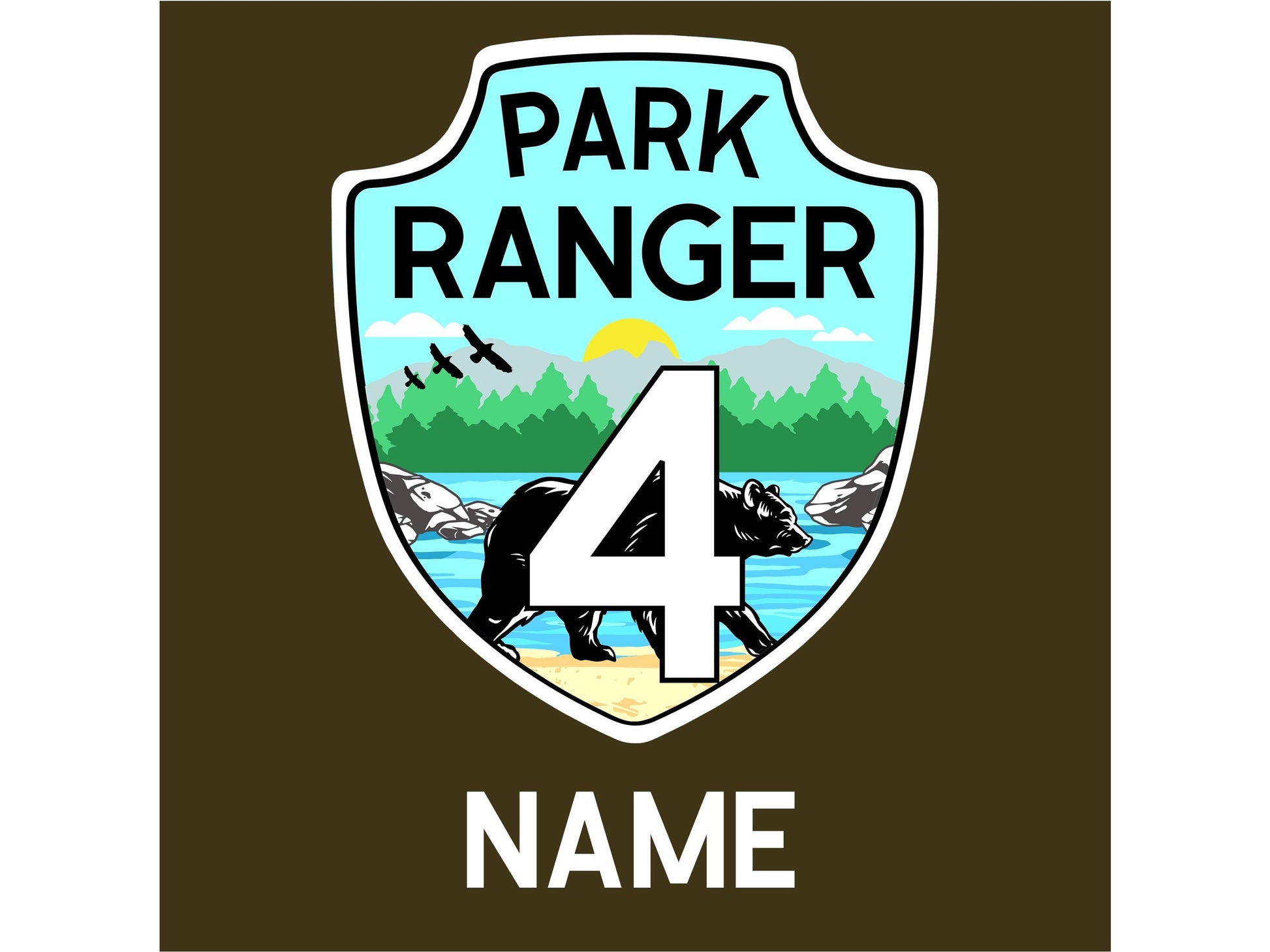 Close up of Park Ranger badge including the number 4 for a child&#39;s age and a name written below. Shown on military green fabric.