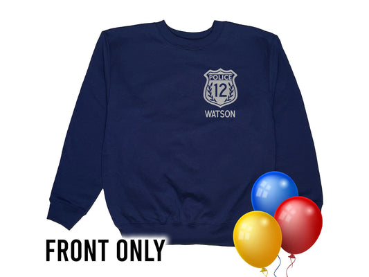A navy blue youth sweatshirt with a silver police badge on left chest. The badge has the word &#39;Police&#39; and the number &#39;8&#39; inside. Below the badge is the name &#39;Walker&#39; in silver text.