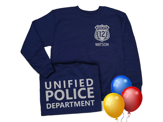 Navy blue youth sweatshirt with silver police badge on left chest including the number 12. The name &#39;WATSON&#39; is printed underneath in silver text. The back of the sweatshirt has the words &#39;UNIFIED POLICE DEPARTMENT&#39; printed in silver text.