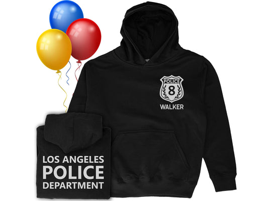 Youth black police hoodie with custom silver police badge on right front chest featuring the number 8 and the name &#39;Walker&#39; underneath in silver text. The back of the hoodie has &#39;Los Angeles Police Department&#39; in silver as a placeholder for custom text.