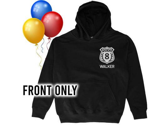 Black children&#39;s hoodie sweatshirt with silver police badge on the left chest. Badge includes the number 8, the word &#39;Police&#39; above the number, and the word &#39;Name&#39; below the badge in silver text.