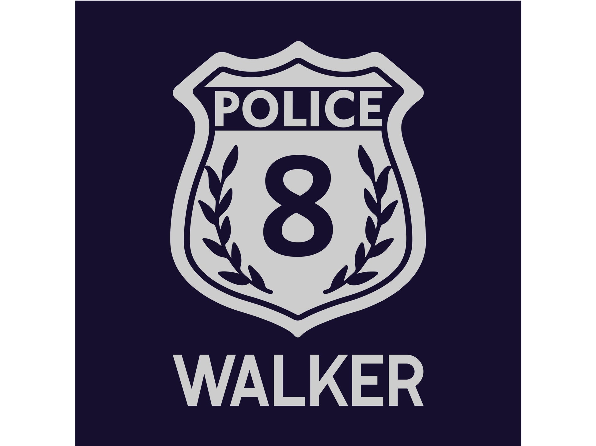 Closeup detail of a silver police badge with the number 8 in the middle and the name &#39;WALKER&#39; underneath on a navy blue background.