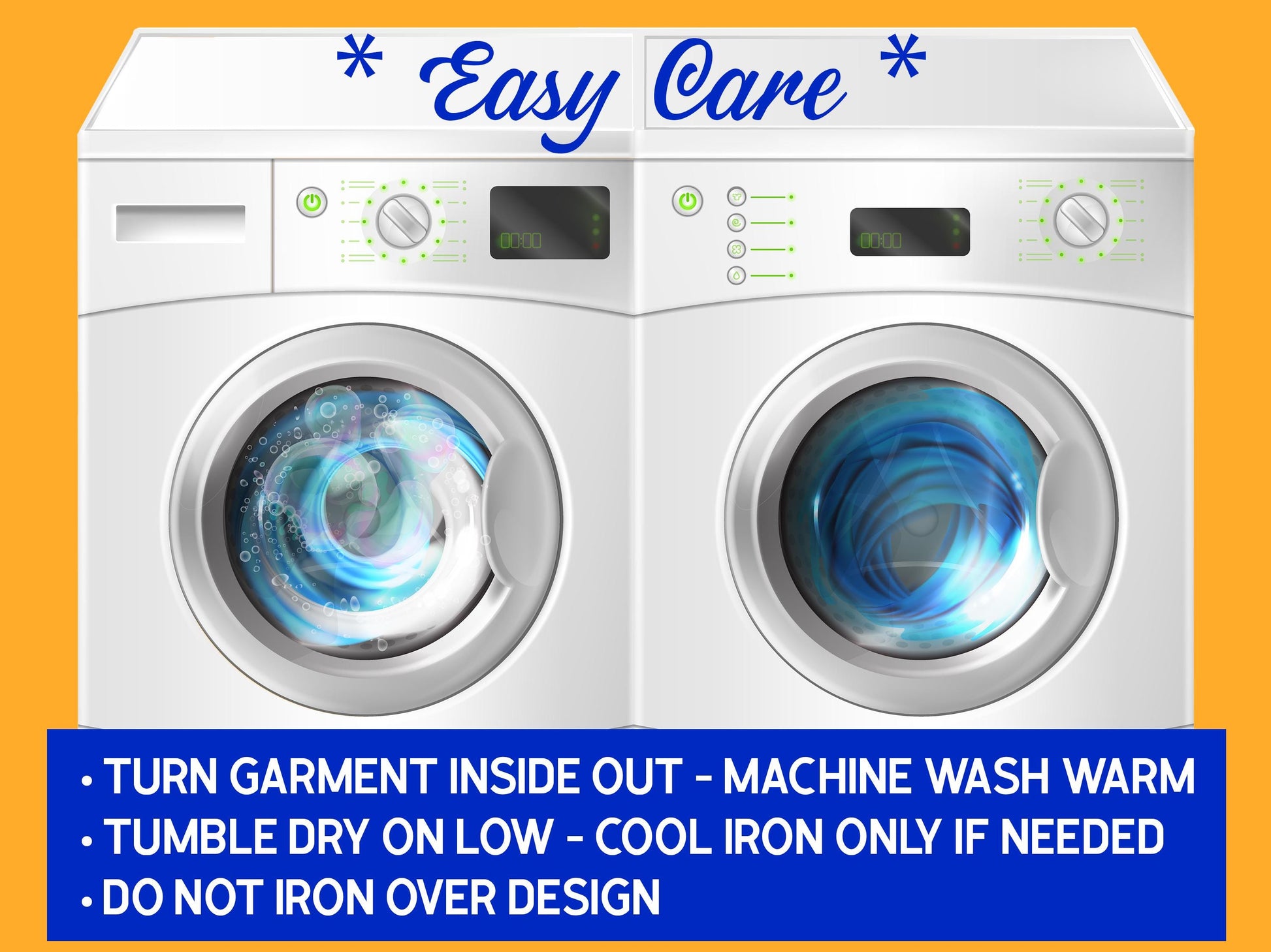 Washer and dryer with caption &quot;Easy Care&quot; at the top and washing instructions underneath. Machine wash warm and tumble dry.