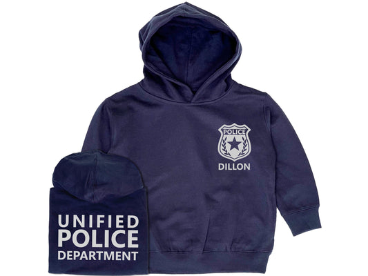 Navy blue hoodie with silver police badge on left chest and the name &#39;Watson&#39; underneath in silver text. Back of hoodie has the words &#39;Unified Police Department in silver text.