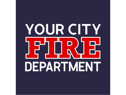 Closeup of custom fire department text in white and red on a navy blue background.