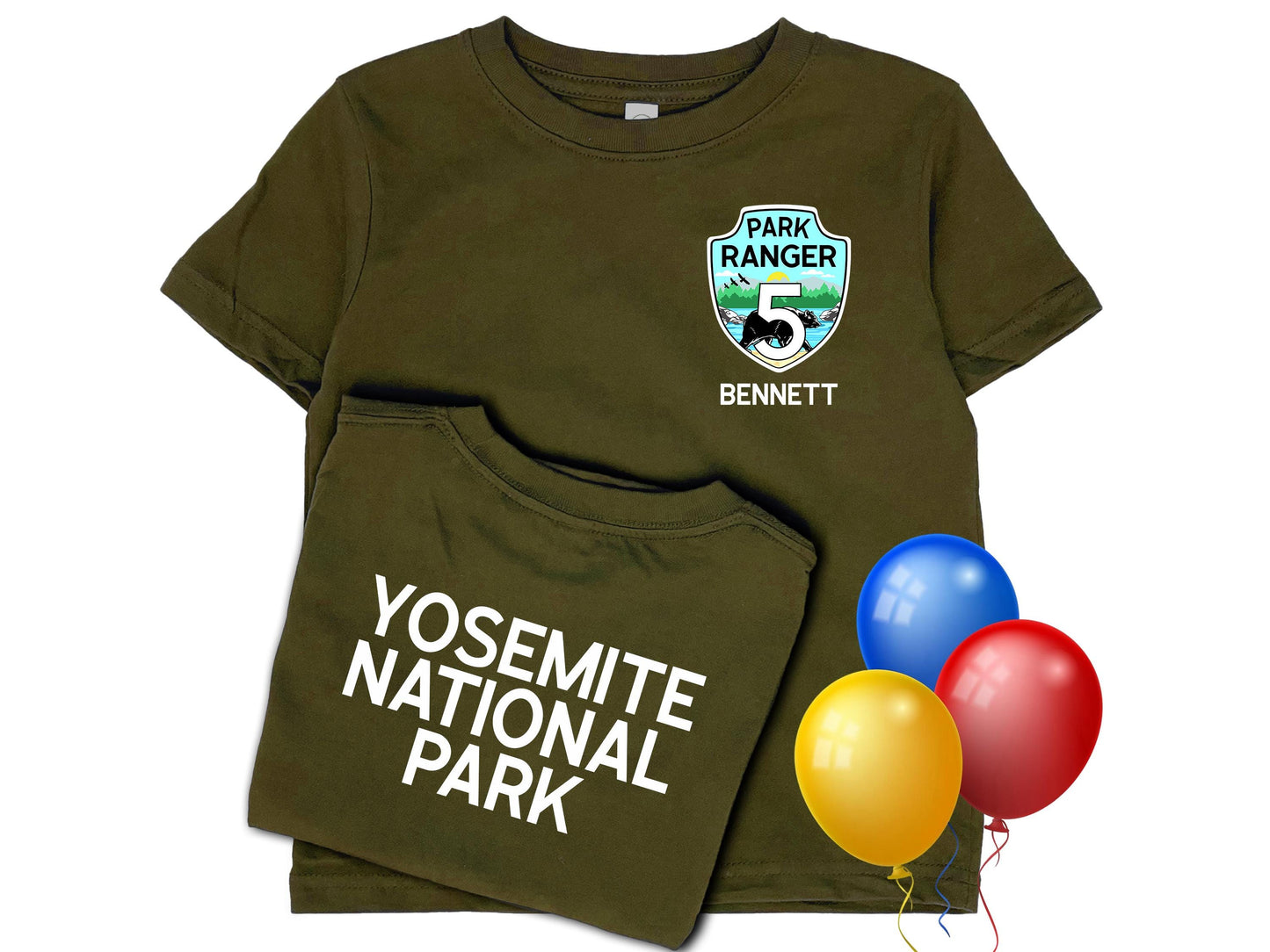 Military green kid&#39;s tee shirt with park ranger badge, personalized name and age on front. Custom state or national park name or text on back. 3 colored balloons for a festive birthday.