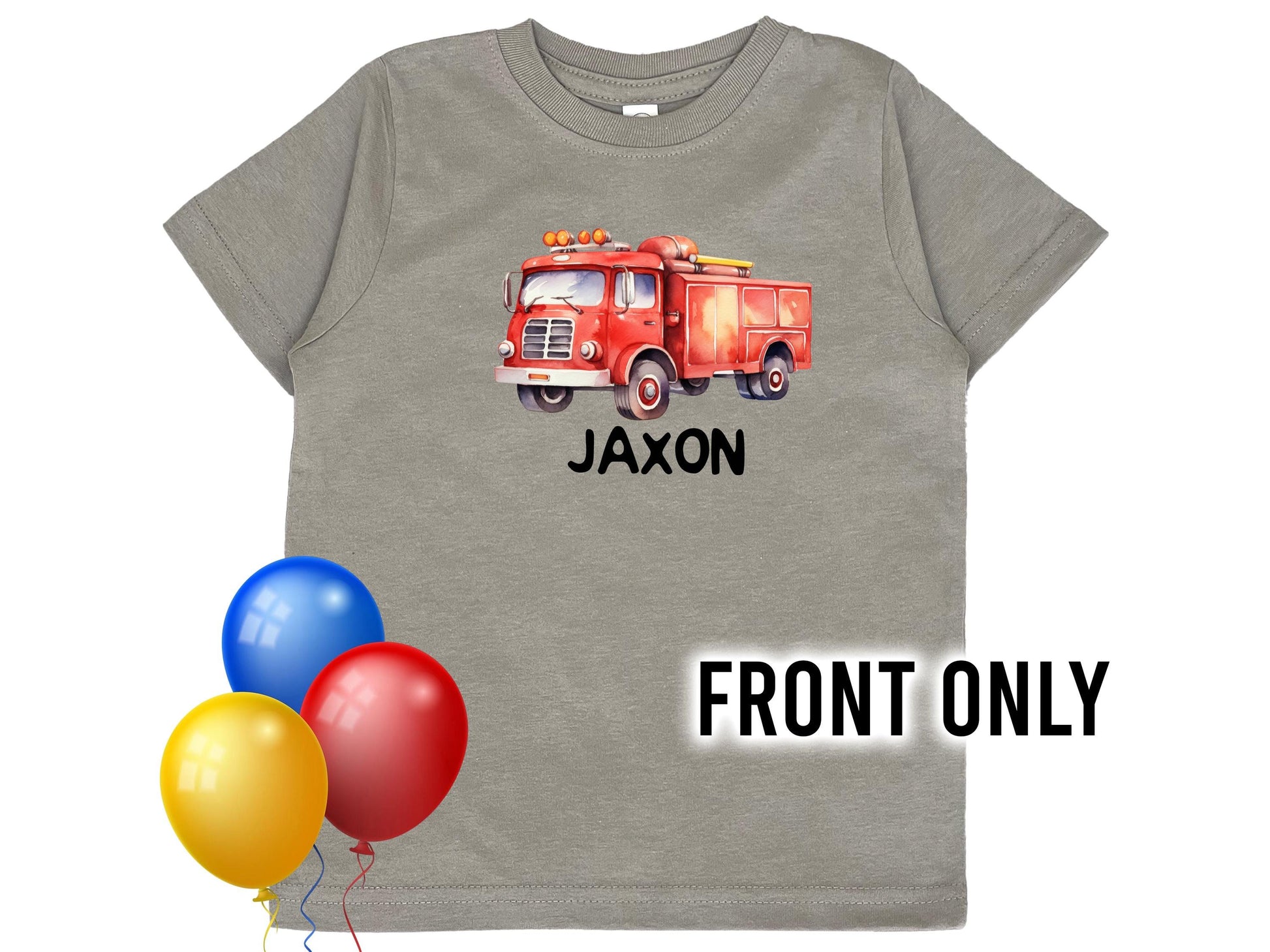 Front view of child&#39;s gray t-shirt with red watercolor design fire truck on the center chest. The child&#39;s name underneath represented by &quot;Jaxon&quot;.