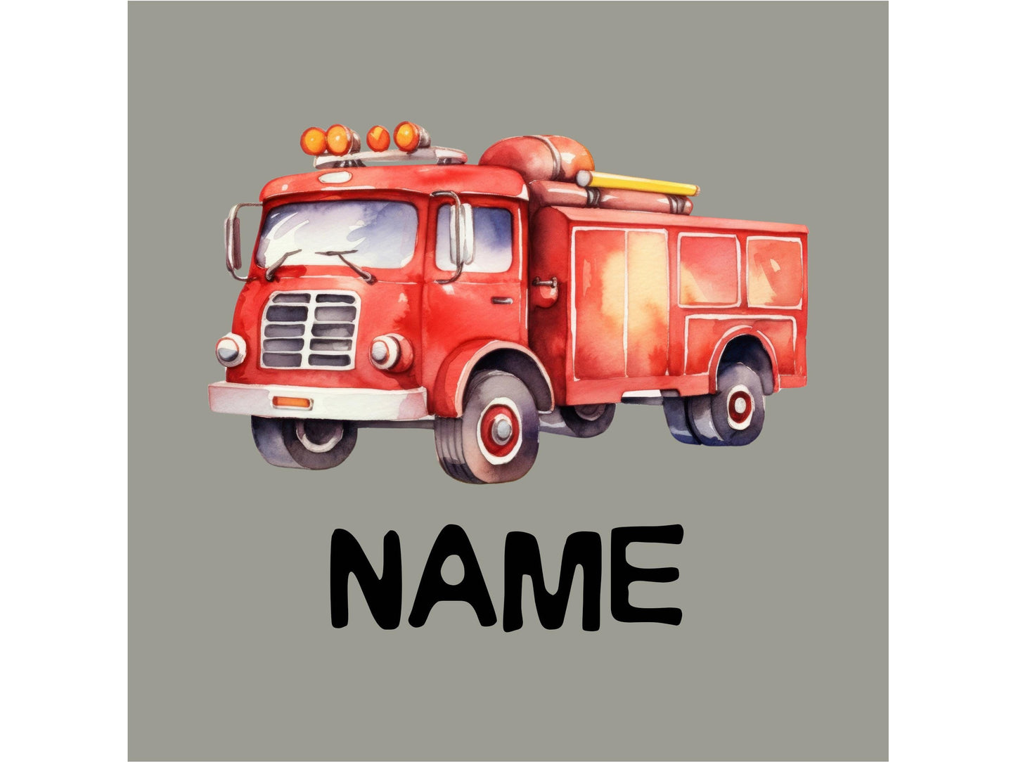 Closeup detail of a vintage red firetruck in watercolor style design. Placeholder for &quot;NAME&quot; underneath. Graphic is placed on a gray background.